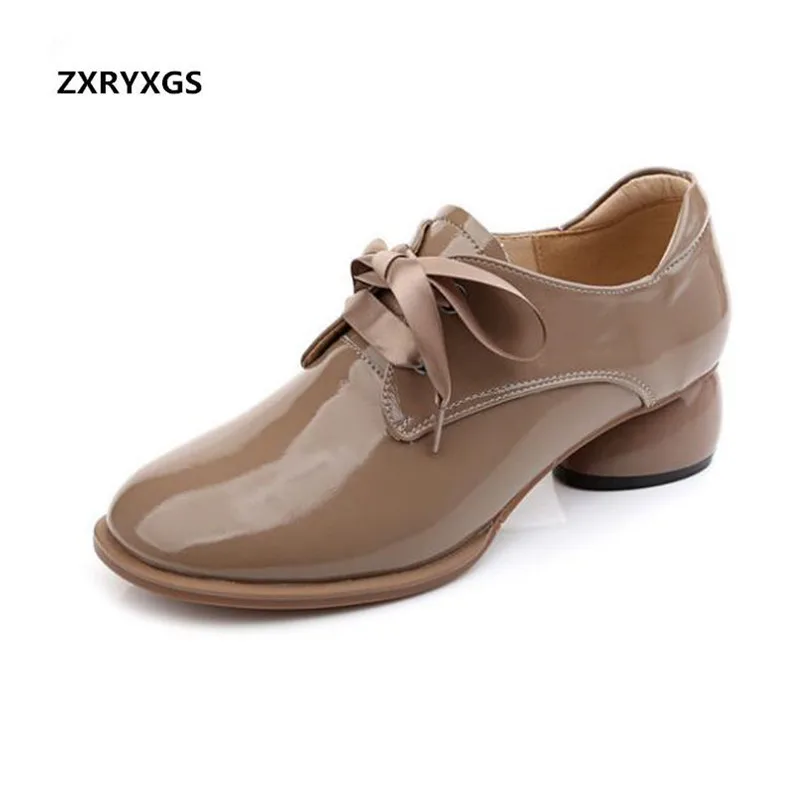 

2019 Newest Lace-up First Layer of Cowhide Patent Leather Shoes Woman Shoes Comfort Soft Fashion Casual Shoes High Heels 4 Cm