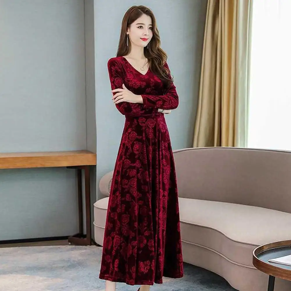 GloryStar, женское осенне-зимнее платье средней длины с v-образным вырезом и длинным рукавом, вечерние платья с принтом, рождественское платье, ropa mujer 11,11 - Цвет: Red wine