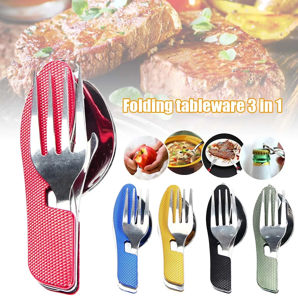 

3 In 1 Folding Spoon Knives Fork Set Multifunction Travel Camping Tableware Kit can CSV