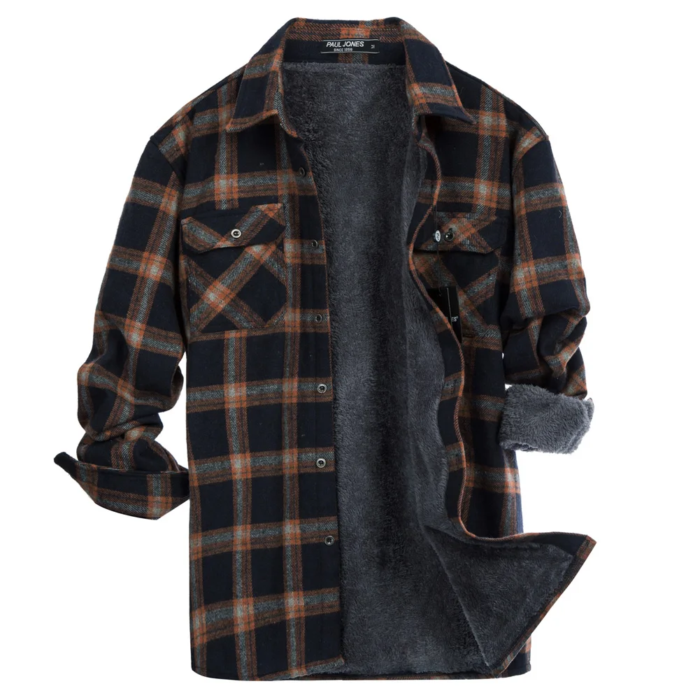 Мужская рубашка с флисовой подкладкой осенне-зимняя в клетку карманами длинным