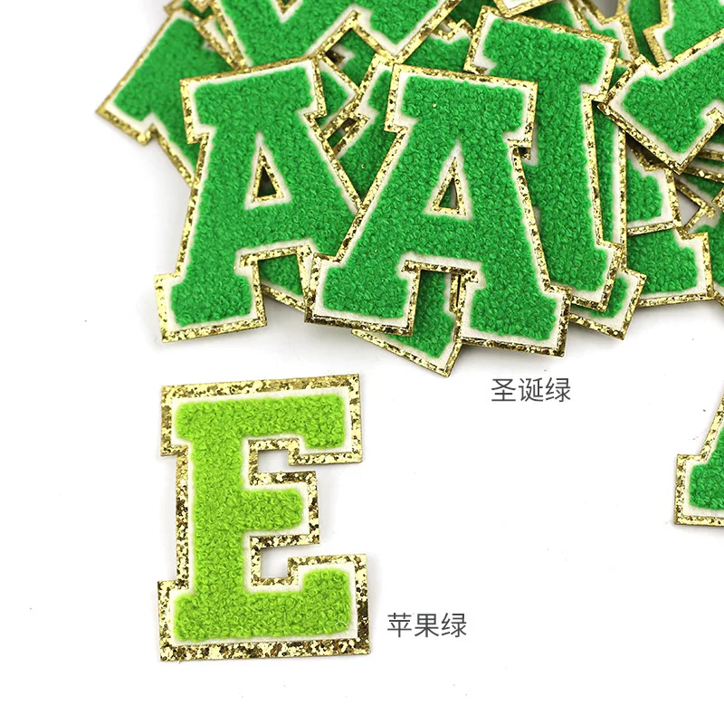 Green / Gold Chenille Letter Patch Patches Iron on / Sew on Alphabet  Embroidery 