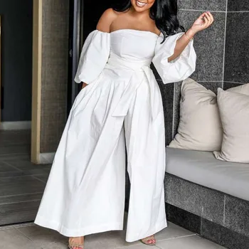 

Sexy Off Shouler Women Jumpsuit Office Ladies Summer High Waist Wide Legs Solid White Party Long Rompers Club Wear Playsuit 3XL