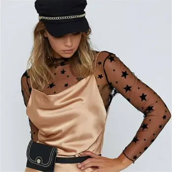 

Summer Sexy Women's Tops Mesh Sheer Long Sleeve T shirt Star Printed Transparent Top Lace Sexy Women Summer T-shirt