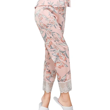 

Women Satin Sleep Pants Sexy Lace Patchwork Elastic Waist Floral Home Pajamas Spring Autumn Sleep Bottoms Long Pants Sleepwear