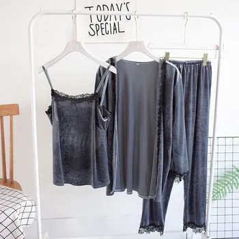 

Autumn Winter 2020 New 3PCS Robe Suit Lace Sexy Women Kimono Gown Velout Warm Home Dressing Gown Soft Casual Bathrobe Gown