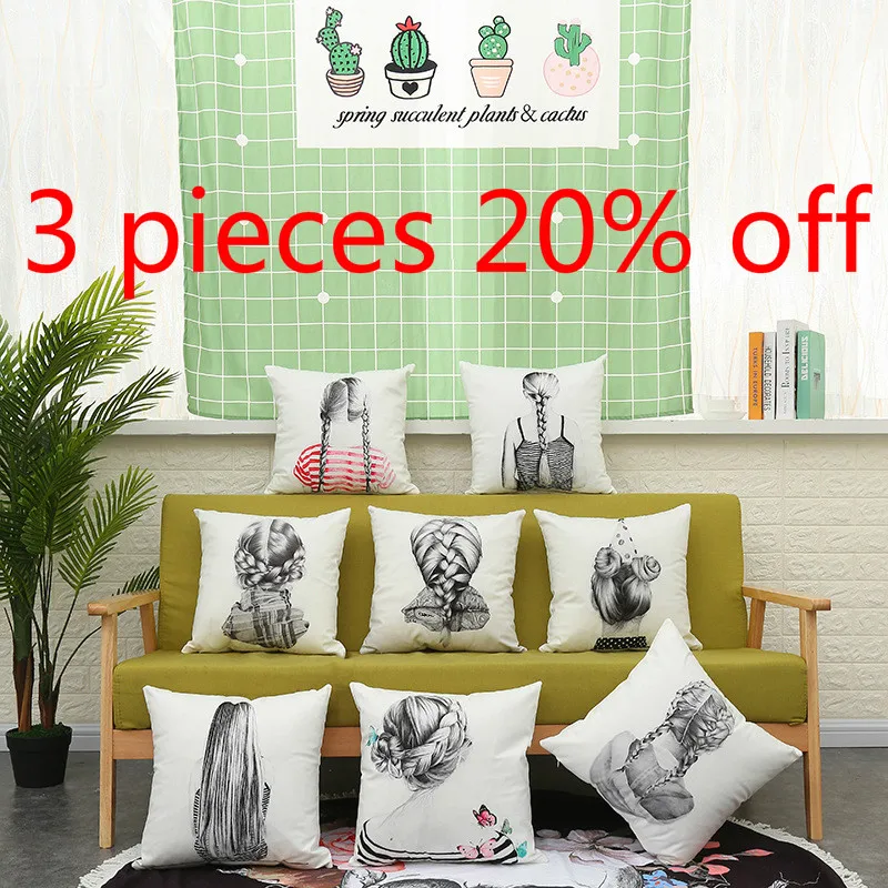 

Solid Color Sketch Girls Back Cushion Cover Sofa Bed Decorative Pillowcase Square Pillowcase Throw Pillows Decorative Pillows
