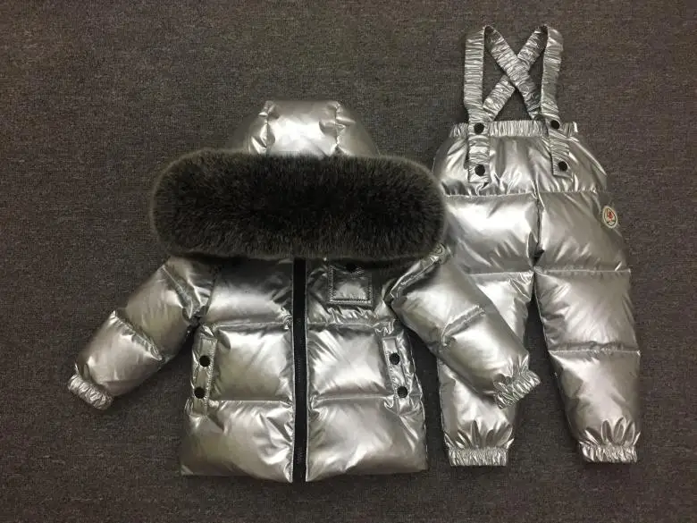 -30 1-14Y Russian Snowsuit Children Sets White Down Boys Waterproof Clothing Kids Coat Winter Jacket Girls Big Real Fur Parka