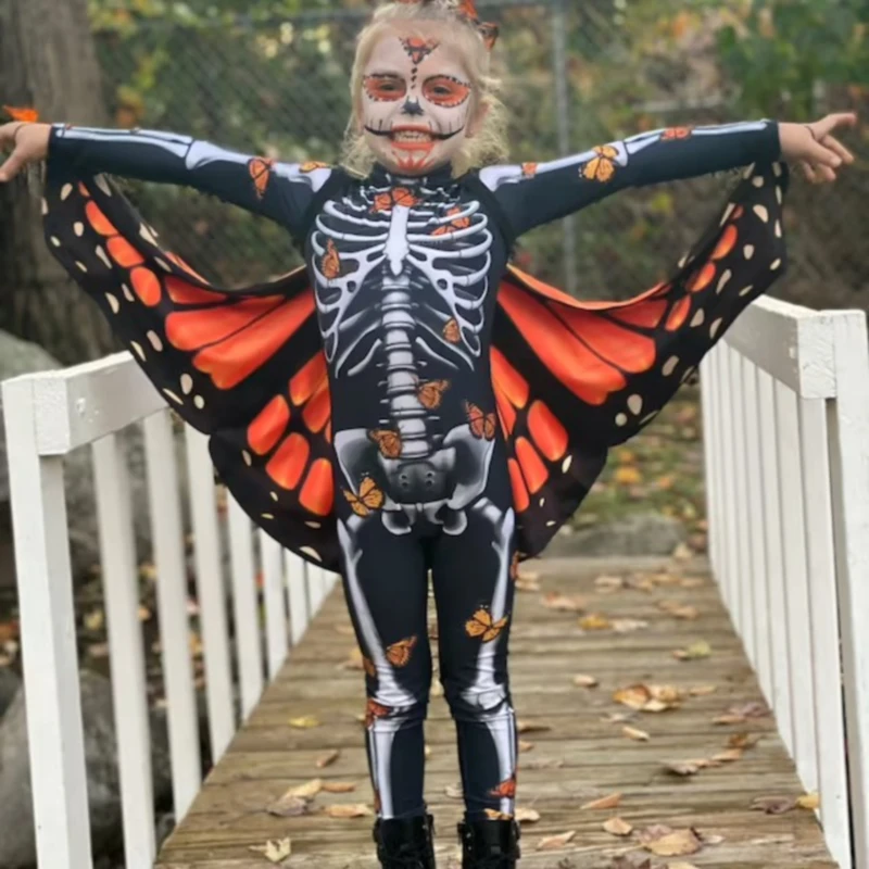 Rose Butterfly Skeleton Adult Kids Scary Halloween Cosplay Costume Sexy Jumpsuit Carnival Day of The Dead Baby Girl Bodysuit