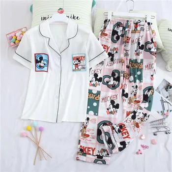 

Cartoon Print 2PCS Sleepwear Satin Women Pajamas Sets Sweet Tops& Pants Thin Casual Sleep Set Female Loose Home Clothes
