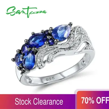 

SANTUZZA Silver Rings for Woman Blue Nano CZ Stone Ring AAA Cubic Zirconia Rings Pure 925 Sterling Silver Party Fashion Jewelry