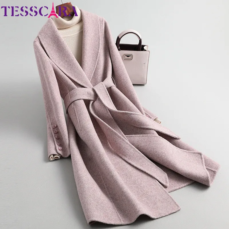 Light Purple TESSCARA женский зимний элегантный шерстяной смешанный ремень простая куртка-пальто женские высококачественные длинные кашемировые куртки верхняя одежда и пальто - Цвет: Light Purple