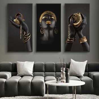 

African Art Woman Canvas Posters And Prints Black Hand Holding Golden Jewellery Oil Paintings Print on Canvas Wall Art Pictures