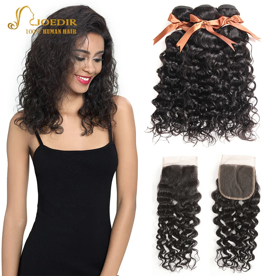 Joedir Pacotes com Fecho Brasileira Onda de Água do Cabelo Humano Weave Bundles com Fechamento 3 Remy Molhado e Ondulado Pacotes com Fechamento