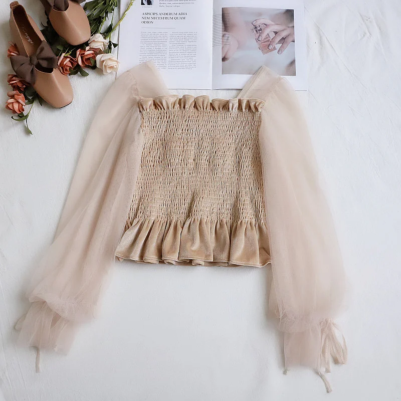 Женские топы и блузки, blusas mujer de moda, квадратный воротник, оборки, короткие, милый стиль, весна-осень, без рукавов, женская одежда