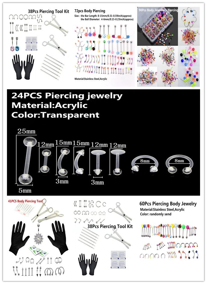 

24/38/41/60/72/90pcs 7 Styles Professional Body Piercing Tool Kit / Tongue Lip Rings Bars Studs Body Piercing Jewelry