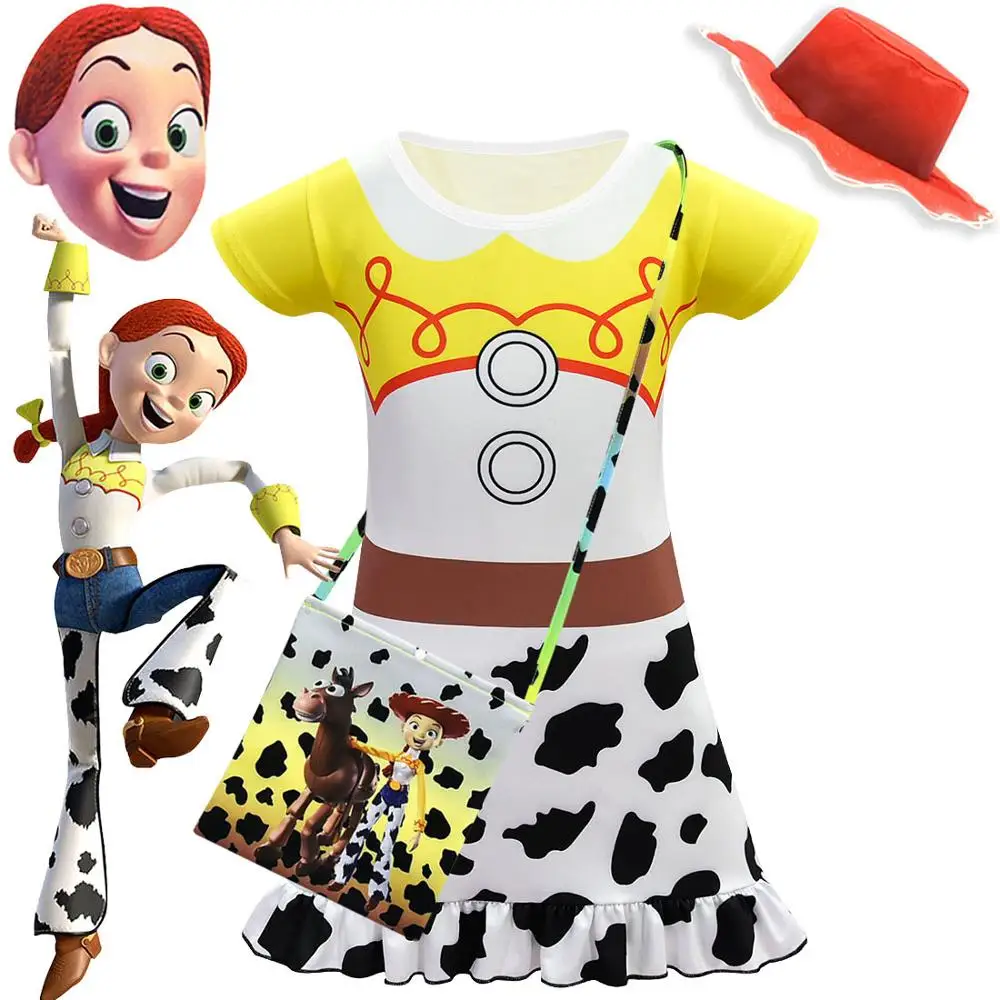 

Girls Children Toy Story 4 Jessie Cosplay Dress Kids O Neck Cotton Dresses Baby Halloween Christmas Costume With Mask Bag Hat