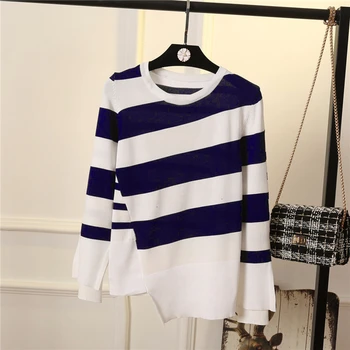 

Irregular hem split sleeve striped sweater women o-neck Pullover knitted sweaters 2019 autumn and winter casual all-match tops