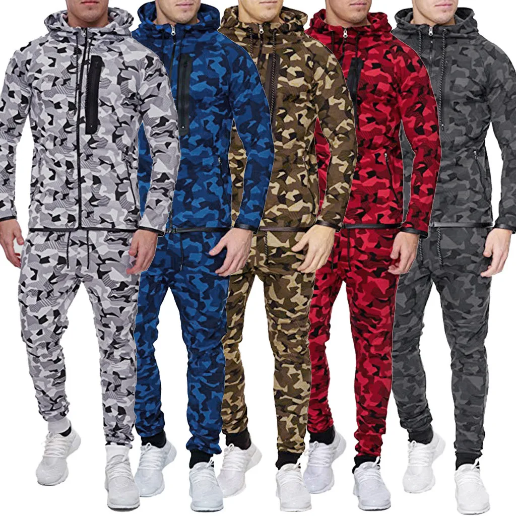 

Men Set Long Sleeve Camouflage Hoodies+Pant Autumn Print Zipper Sweatshirt Hooded Top Pants Sets Sports Suit Tracksuit