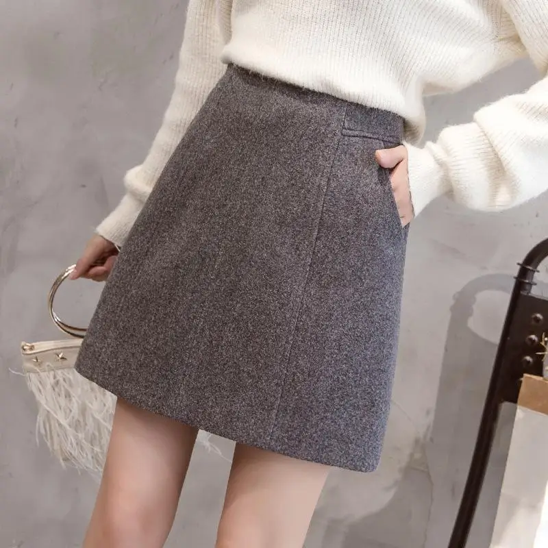 S-2xl, Зимняя шерстяная Женская юбка с высокой талией, размера плюс, тонкая утолщенная мини-юбка, Женская Осенняя черная мини-юбка, Jupe Femme - Цвет: Gray