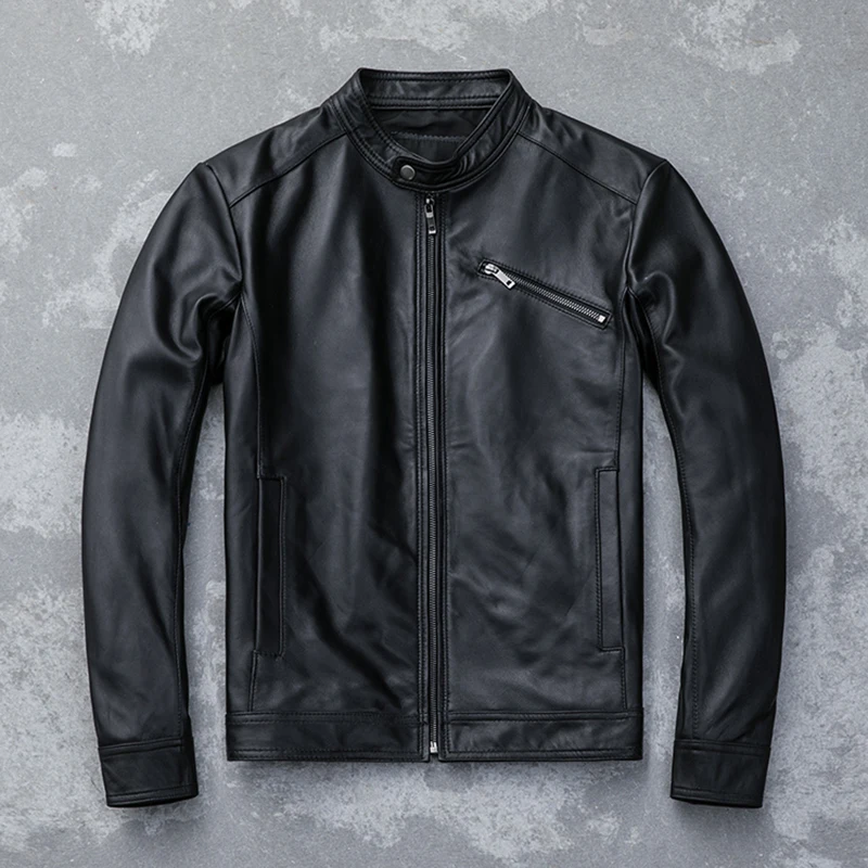 

Luxury Lambskin Genuine Motorcycle Biker Jackets Men Black Slim Stand Collar Real Leather Sheepskin Coats 4XL Clothes