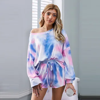 

Summer 2020 New Pajamas for Women Gradient Color Long-sleeved Shorts Home Wear Loose 2 Piece Women Pijama Set Pijama Mujer