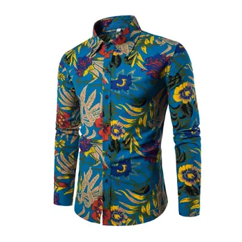 

Spring Autumn Casual Men Shirt Slim Fit Flower Print Linen Shirt Long-sleeved Shirts Male Floral Social Masculina M-5XL