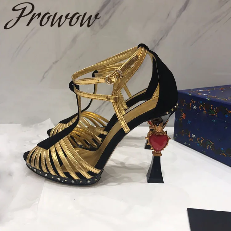 

Prowow New Summer Genuine Leather Heart Shaped Summer Sandals Open Toe Narrow Band HIgh Heel Sandals Shoes Women