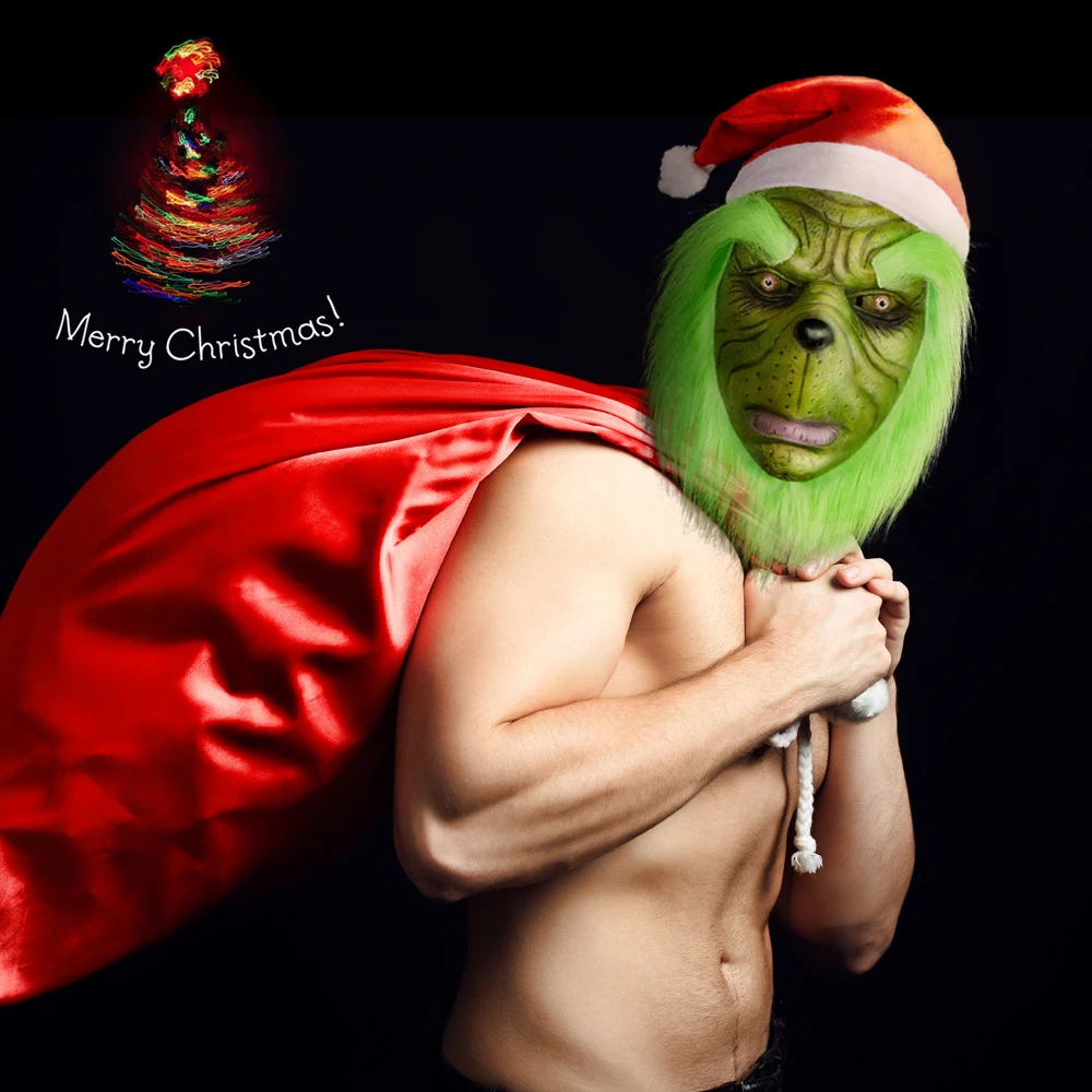 Merry Christmas Забавный Grinch палантин Рождественская маска для вечеринки Косплей шляпа полная голова латексная маска со взрослым костюмом Grinch маска реквизит