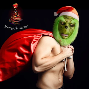 

Merry Christmas Funny Grinch Stole Christmas Cosplay Party Mask Hat Full Head Latex Mask With Adult Costume Grinch Mask Props