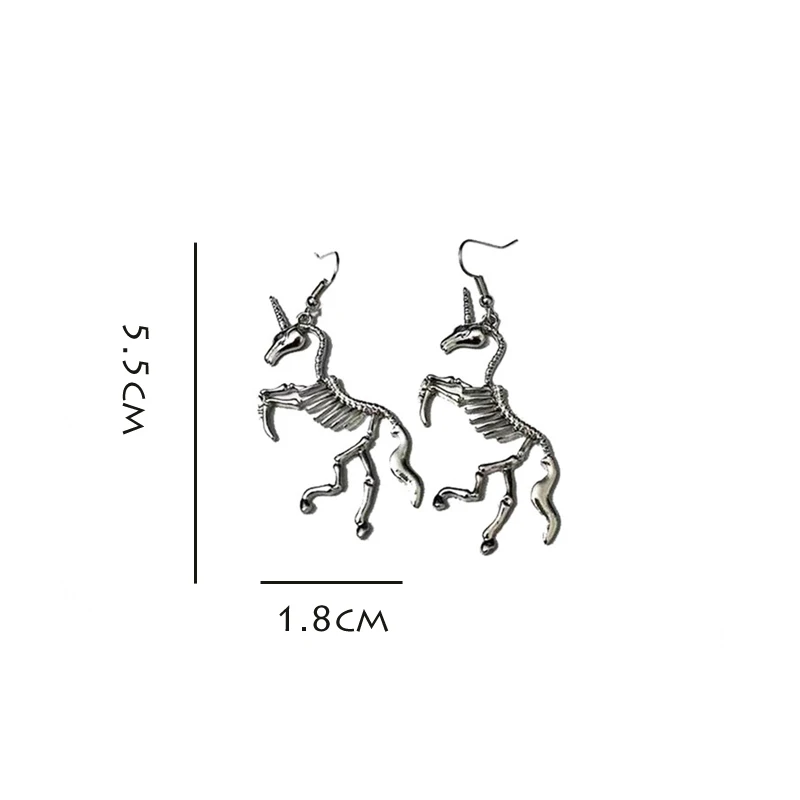 Boucles d'oreilles pendantes en forme de squelette de licorne couleur argent EG314