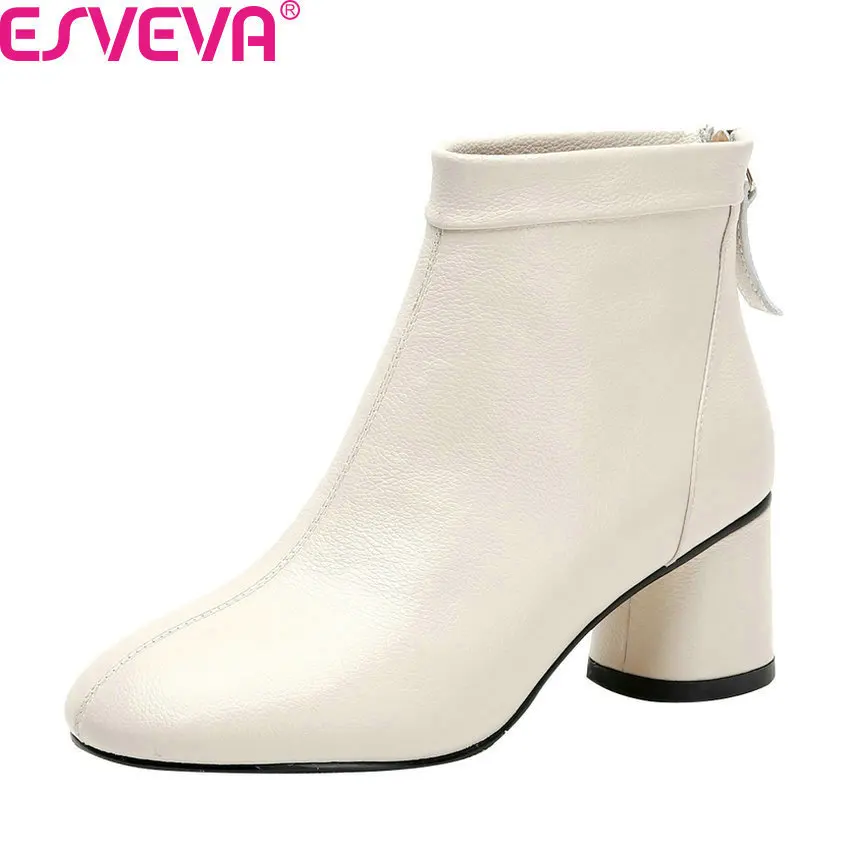 

ESVEVA 2020 Quality Cow Leather Round Toe Concise Ankle Boots Fashion Square Heel Zipper Autumn Winter Women Shoes Size 34-41