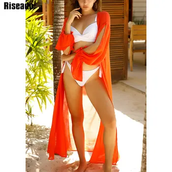 

Riseado Long Sleeve Beach Dress Ruffle Beach Tunic Knotted Bikini Cover Ups Long Pareo Women 2020 Summer Boho Beach Wear