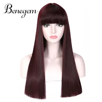 

Benegem Synthetic Burgundy Wig with Bangs 99J Long Straight Women Wig Heat Resistant Cosplay Wig Costume Party 22 inch Non-Lace
