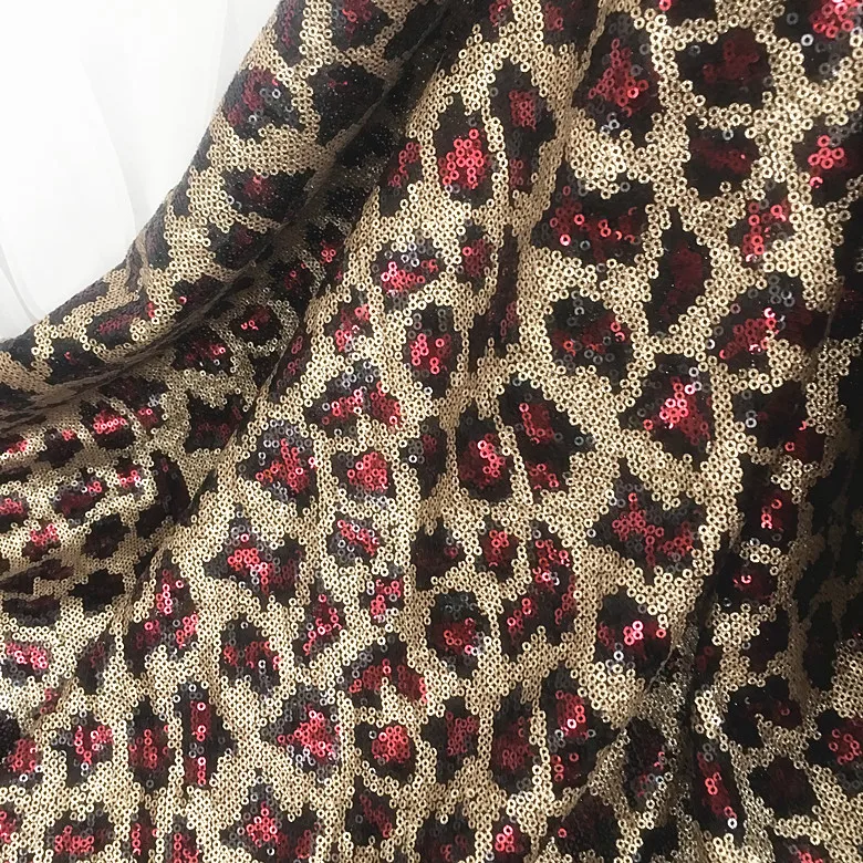 

Leopard Embroidery Sequin Fabric for patchwork Designer DIY Queen Dress Red Gold Mesh Sequins Fabric Tissus Au Metre 90x130cm