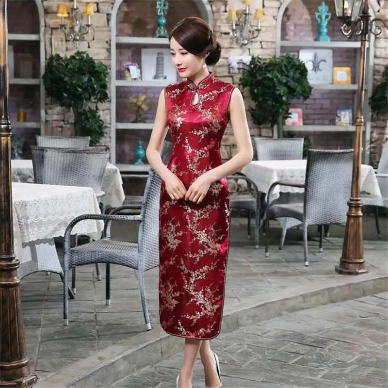 Темно-синий воротник мандарина женское Ципао без рукавов Длинный атласный Qipao Винтаж Кнопка сексуальное китайское платье Элегантная Новинка Vestidos - Цвет: Claret B