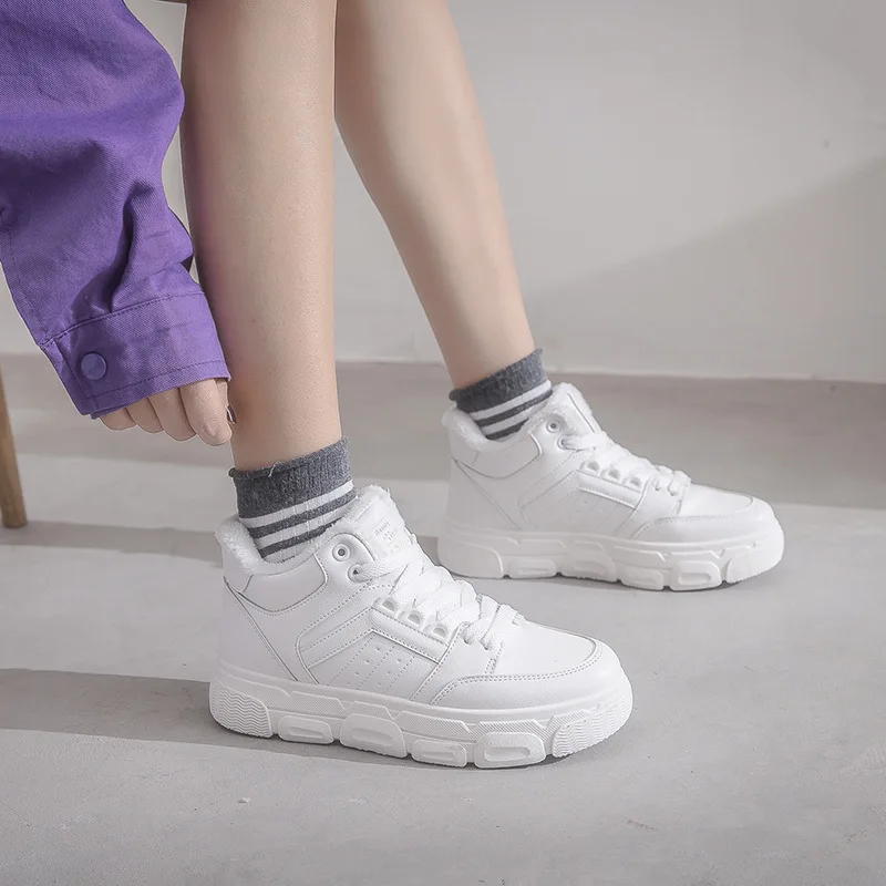 

2019 Winter New Style Korean-style Hight-top plus Velvet Athletic Shoes Women's Versatile Warm Women's Tennis Red White Shoes