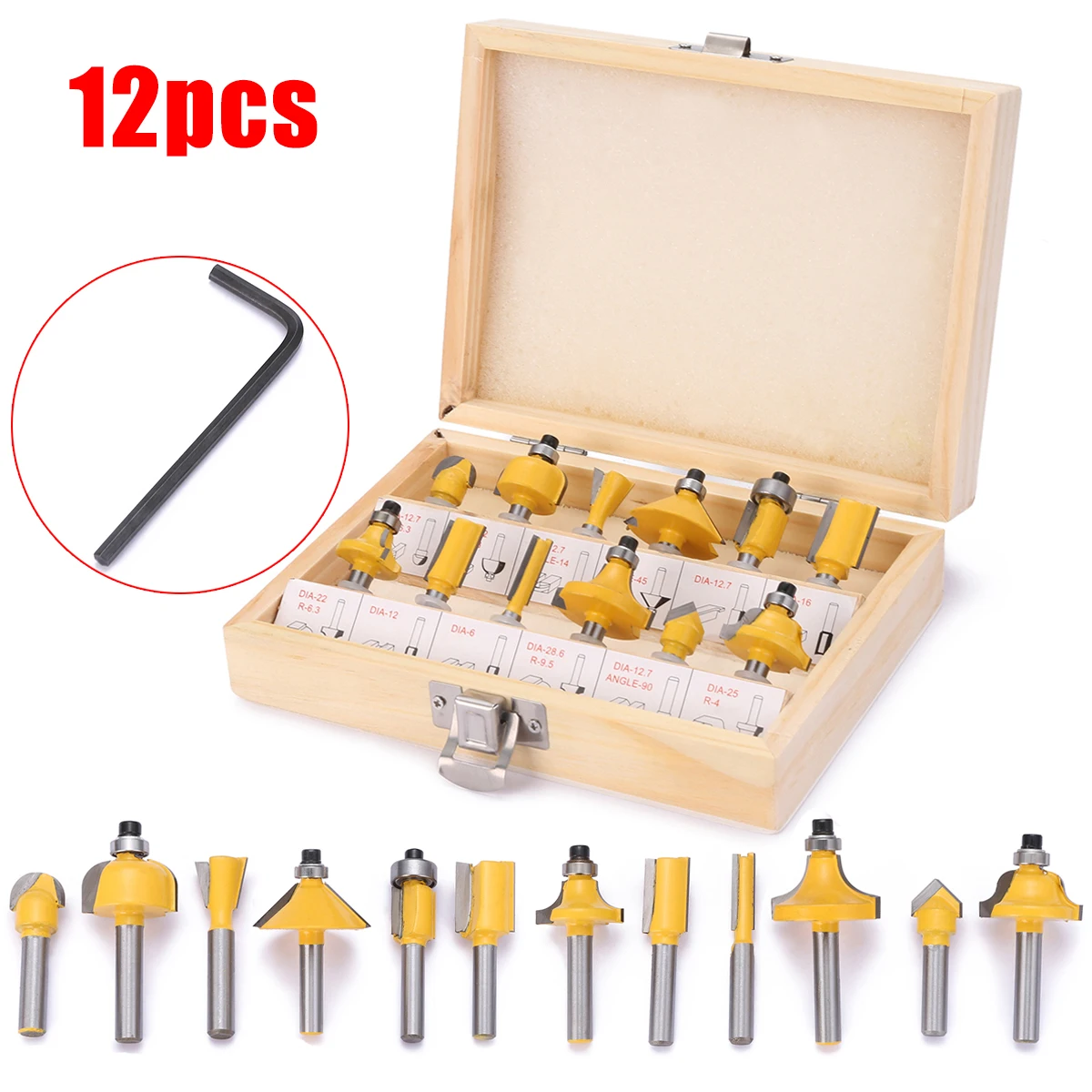 12pcs 1/4 inch Shank Carbide Steel Flush Trim Router Bit Set Woodworking Milling Cutter Power Tools with Wooden Box