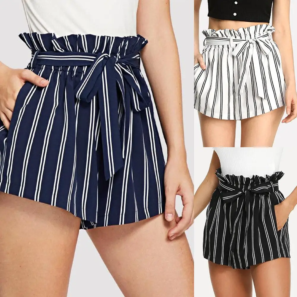 Модная летняя одежда шорты женские полосатые с поясом и оборками эластичные