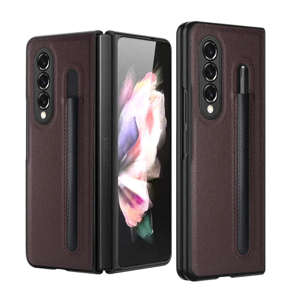 Fashion Leather Lychee pattern Pen slot case for Samsung Galaxy Z Fold 3 PU+PC Cover Anti-knock luxury Cases for Fold3 F9260 samsung z flip3 case