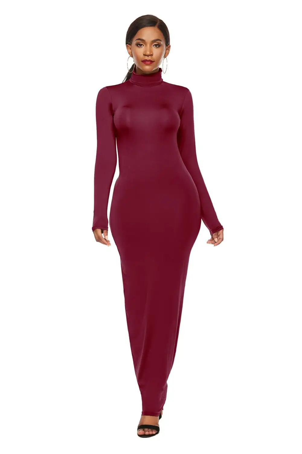 Элегантное осенне-зимнее женское облегающее длинное платье с О-образным вырезом, повседневное облегающее платье, черные, белые вечерние платья макси Vestidos - Цвет: 5231 Wine Red