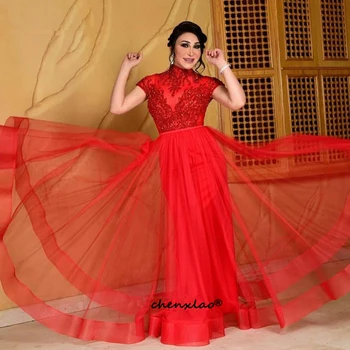 

Red Tulle Muslim Evening Dress A line High Neck Appliques Beads Formal Islamic Dubai Saudi Arabic Long Elegant Evening Gown