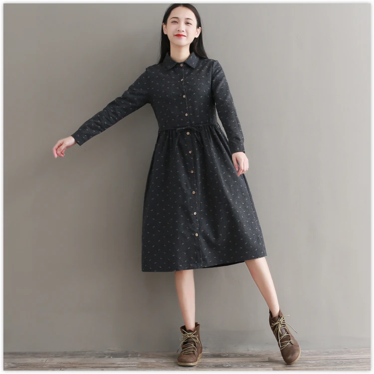 Robe Femme/осенне-зимнее винтажное платье элегантные хлопковые платья с длинными рукавами и отложным воротником для девочек Vestidos AF830