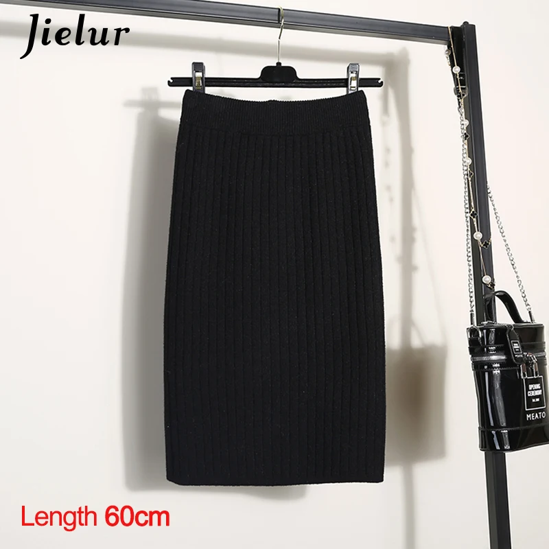 black-60 Jielur сплошной цвет 60-80 см женские юбки эластичная талия Осень-зима шикарная вязаная юбка теплая с разрезом средней длины юбки черные новинка - Цвет: black-60