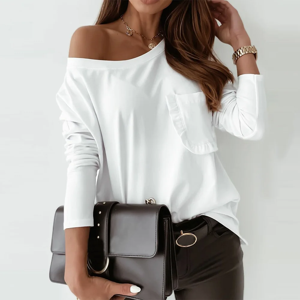 Scalloped Pocket Basic Tops for Women One Shoulder Tshirts Woman 2020 Autumn Long Sleeve Women's T-Shirt Khaki shirts for women