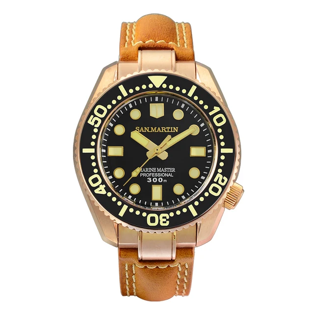 San Martin Diver Watch CuSn8 Bronze MM300 PT5000 Automatic Men Mechanical Watches Leather 300m Water Resistant Luminous Relojes Black PT No Date