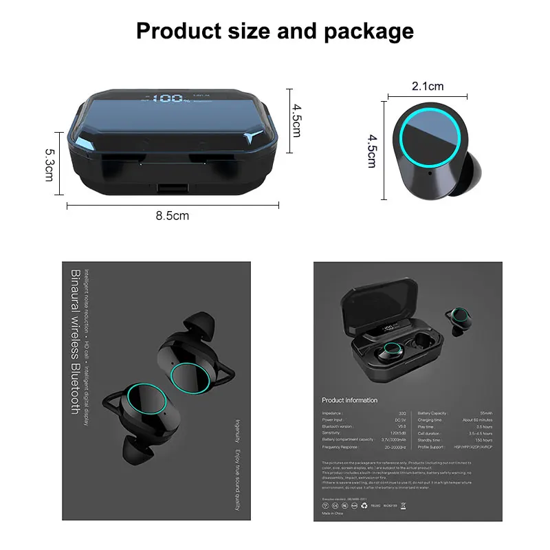 TWS Bluetooth 5 0 Wireless Headphones Earbuds 3000mAh LED Display Charging Box 9D Sport Waterproof headset With Micphone