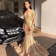 Блестящее Золотое Платье русалки с блестками и кисточками в африканском стиле для выпускного вечера для черных девушек, большие размеры, выпускные платья, длинное вечернее платье для женщин