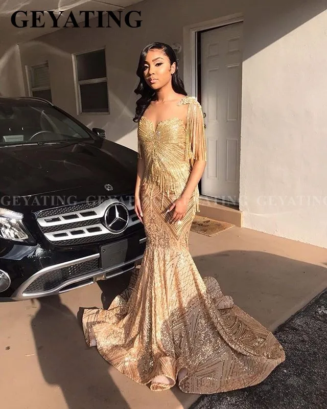 Glitter Sequin Tassel Gold Mermaid Afrikaanse Prom Jurk Voor Zwarte Meisjes Plus Size Graduation Gowns Lange Vrouwen Avondjurk Glitter Sequin Tassel Gold Mermaid Afrikaanse Prom Jurk Voor Zwarte Meisjes Plus Size Graduation Gowns Lange Vrouwen Avondjurk