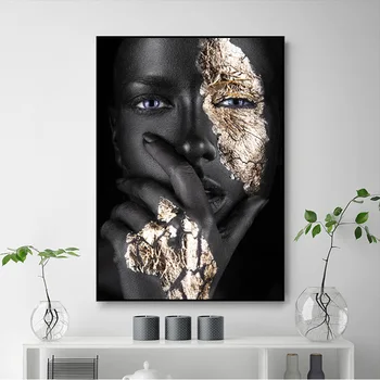 

Black and Gold African Woman Oil Painting on Canvas Cuadros Posters and Prints Scandinavian Wall Art Picture for Living Room