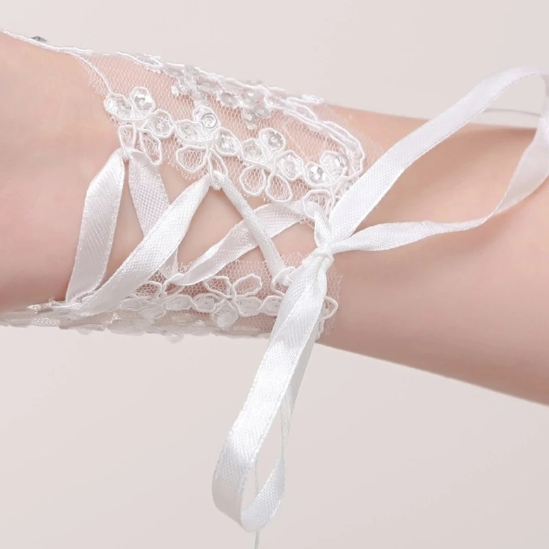 Женские свадебные перчатки без пальцев Элегантные Короткие Стразы белая кружевная перчатка свадебные аксессуары